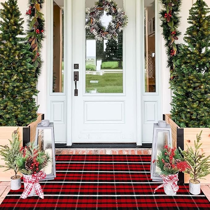 Buffalo Plaid Outdoor Rug, 3' x 5' Christmas Red & Black Check Indoor/Outdoor Area Rug, Layering Rug for Hello/Welcome Door Mat, Machine Washable Cotton Woven Farmhouse Mat for Front Porch Décor