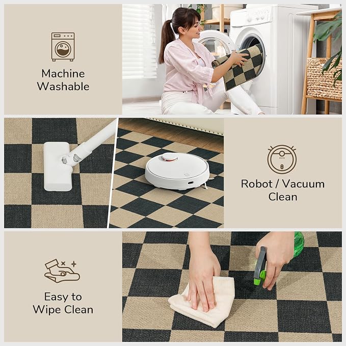 Lessymo Checkered Easy Jute Kitchen Rug, 2x3 Small Washable Front Door Mat | Non-Slip, Non-Shed Indoor/Outdoor Carpet for Porch Entryway Bathroom Bedroom Bedside, Modern Geometric Diamond Black/Beige