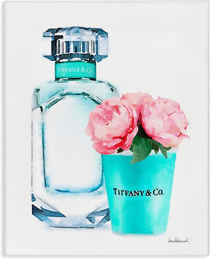 Teal Perfume Bottle Peonies Glam, 36 x 48 Inch Canvas Wall Art | Stupell Industries · By Amanda Greenwood · Ready to hang · Chic gift for home decor · Made in USA