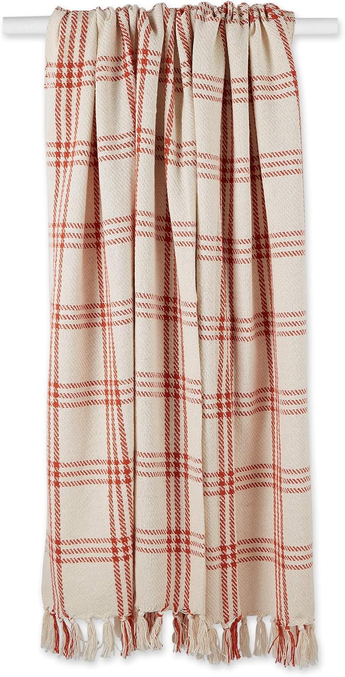 DII Modern Farmhouse Plaid Collection Cotton Fringe Throw Blanket, 50x60, White/Vintage Red
