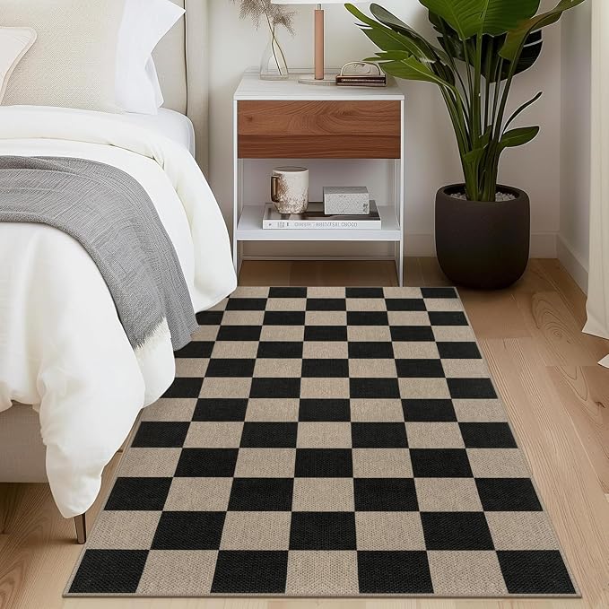 Rugalia Easy Jute Checkered Area Rug, 3x5 Indoor Outdoor Entryway Rug Washable Black Checkerboard Kitchen Rugs, Non-Slip Modern Farmhouse Throw Carpet for Living Room Patio Kids Room