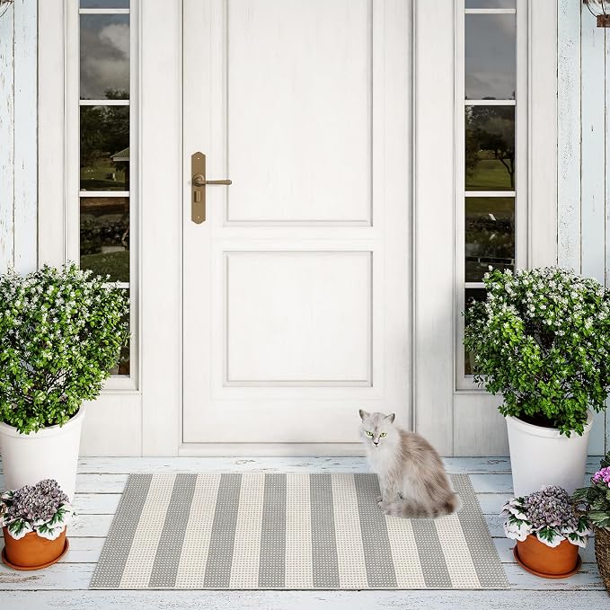 Grey and White Outdoor Runner Rug 2x4.3,Washable Reversible Welcome Door Mat,Cotton Hand Woven Front Porch Decor,Foldable Layered Doormat Indoor Outdoor Rugs for Entryway/Farmhouse