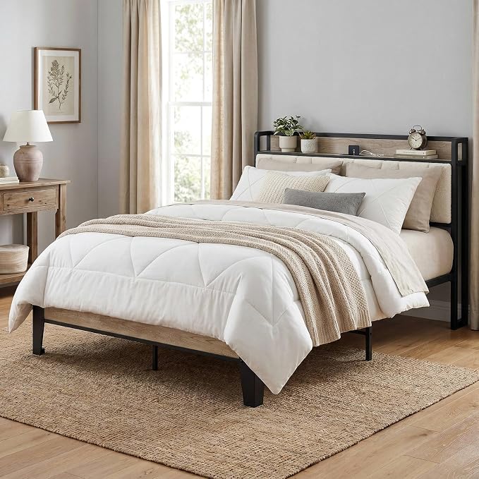 LIKIMIO Queen Bed Frames, Bouclé Storage Headboard with Charging Station, Solid and Stable, Noise Free, No Box Spring Needed, Easy Assembly