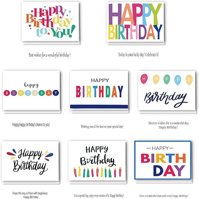 100 Birthday Cards, Happy Birthday Cards Bulk with Short Message Inside, 5x7 Inch Thick Card Stock Assorted Birthday Cards with Envelopes,10 Unique Designs for Men and Women.