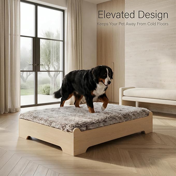 Elevated Wooden Dog Bed with Foam Mattress, Natural Wood, X-Large | Raised Dog Bed with Washable Cover and Supportive Foam Mattress, Crafted for X-Large Dogs and Modern Homes