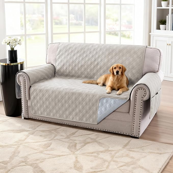 H.VERSAILTEX 100% Waterproof Sofa Cover 2 Cushion Couch Thick Durable Couch Covers for Dogs Triple Non-Slip Furniture Protector Cover with Elastic Straps for Pet Cat(Loveseat, French Oak)