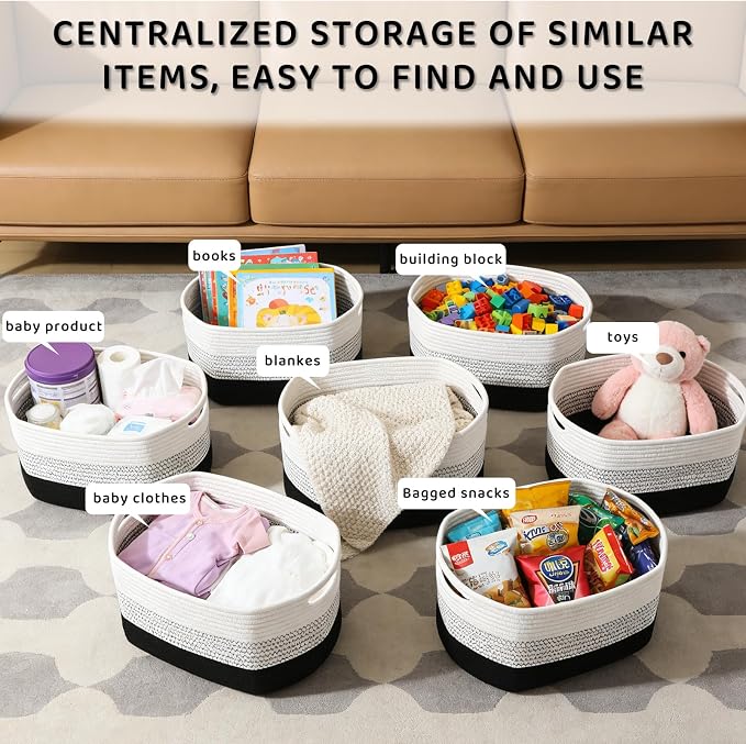 4 Pack Storage Baskets for Organizing, 11''Lx9''Wx8''H Woven Baskets for Storage Toys, Towels, Books, and Clothes, Cotton Rope Basket for Shelves with Handle