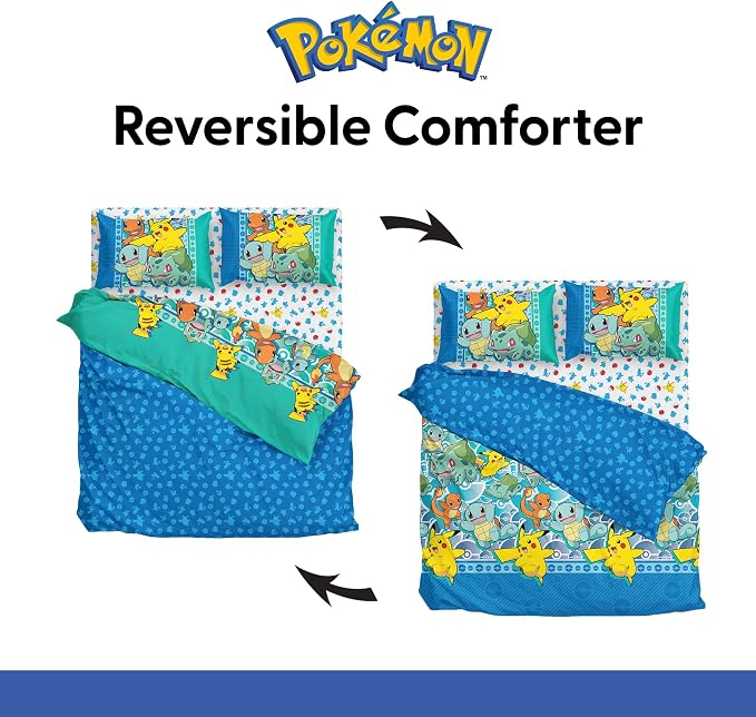 Northwest Pokemon First Starters Full Size Bed in a Bag Set, Pikachu Charmander Squirtle Bulbasaur, Kids Boys Girls Bedding Comforter Sheets