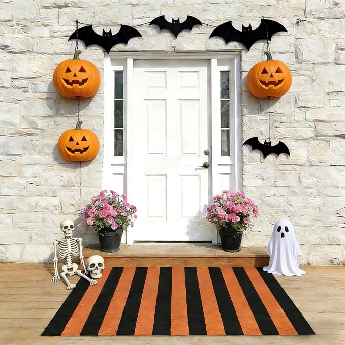 Striped Outdoor Rug 3' x 5' Orange and Black Front Door Mat, Halloween Layering Rug for Porch, Washable Doormat, Cotton Area Rug for Outdoor Entrance Entryway Patio Porch Decor