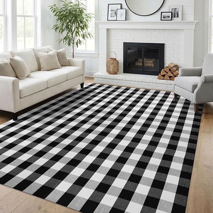 KILOCOCO Buffalo Plaid Checkered Rug 7.5x10 ft Black White Living Room Rug | Machine Washable Rug for Porch Patio, Indoor Outdoor Rugs, Cotton Dining Room Carpet, Low Pile Farmhouse Bedroom Rug