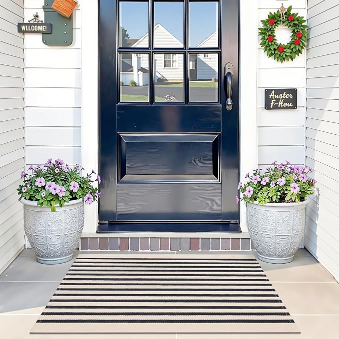OLANLY Beige and Black Striped Rug 2' x 3' (24" x 36") – Washable Cotton Doormat for Indoor Outdoor Use, Layered Front Porch Rug for Entryway, Kitchen, Patio