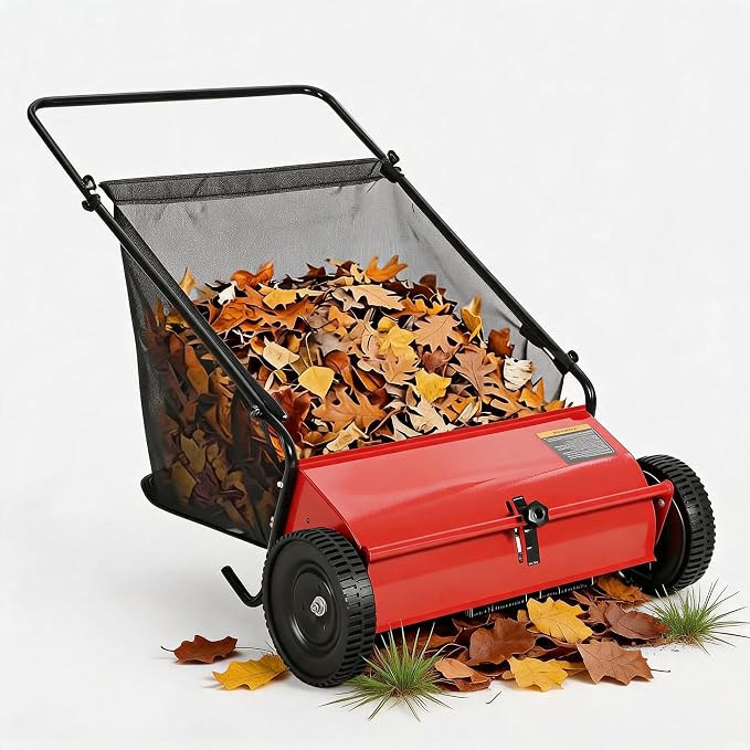 Heavy Duty 26-Inch Push Lawn Sweeper – 4 High-Speed Spinning Brushes | Sturdy Steel Frame, 7 Cu. Ft. Removable lawn mower, Walk-Behind Leaf & Grass Collector for Yard, Garden, Driveway – Color: