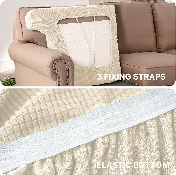 H.VERSAILTEX Stretch 3 Piece T Cushion Sofa Slipcovers Individually Sofa Covers for 3 Cushion Couch Sofa Seat Covers with Elastic Bands Featuring Thicker Jacquard Fabric, Cream