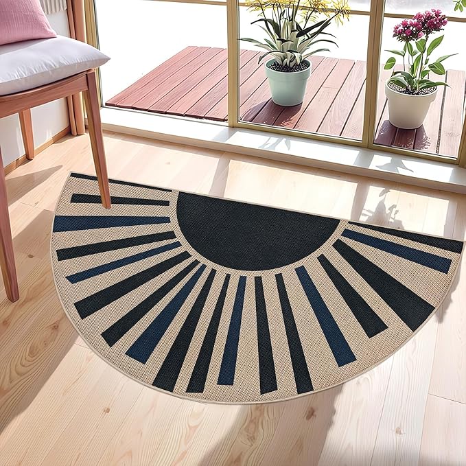 Easy Jute Sun Rug 2.6x5Ft Half Circle Sunshine Doormat Neutral Faux Jute Indoor Outdoor Carpet for Farmhouse Bedroom Entrance Balcony Kitchen Laundry Room, Nonslip, Half Round, Black/Blue 4