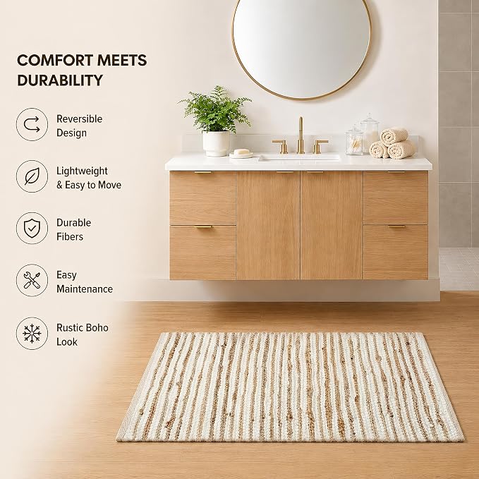 THE BEER VALLEY Jute Cotton Stripe Kitchen Rug 2x3 Feet - Natural White | Small Neutral Area Door mat for Entryway, Easy Clean Outdoor Indoor Boho Entry Rugs