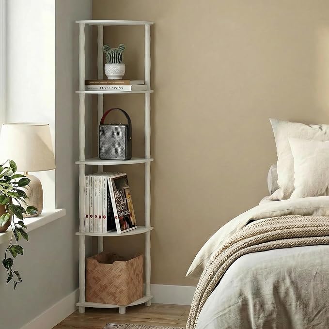 Furinno Turn-N-Tube Storage Shelves, 5-Tier Open Frame Book Shelf, Standing Corner Shelf, Toolless Open Shelves, Classic Tubes, for Organization and Storage, Living Room, Home Office, White