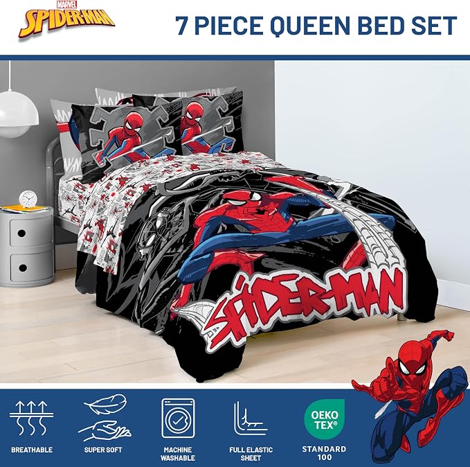 Marvel Spiderman 7 Piece Queen Comforter Set - Bed in a Bag Reversible Comforter, Sheets & Pillowcases - Super Soft Breathable Microfiber Machine Washable (Officially Licensed Marvel Product) Black