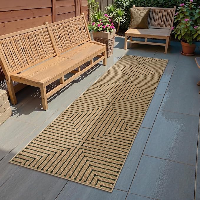 Lahome Geometric 2x8 Runner Rug, Neutral Non Slip Kitchen Entryway Runner | Farmhouse Rhombus Low Pile Non Shedding Nature Indoor Outdoor Carpet Runner for Laundry Room