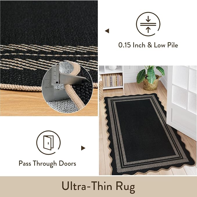 LIVEBOX Scalloped Washable 3x5 Outdoor Rug, Black Easy Jute Rug for Entryway Kitchen, Indoor Non Slip Patio Rugs Farmhouse Neutral Carpet for Bedroom Living Room Backyard Front Door Mat Porch Decor