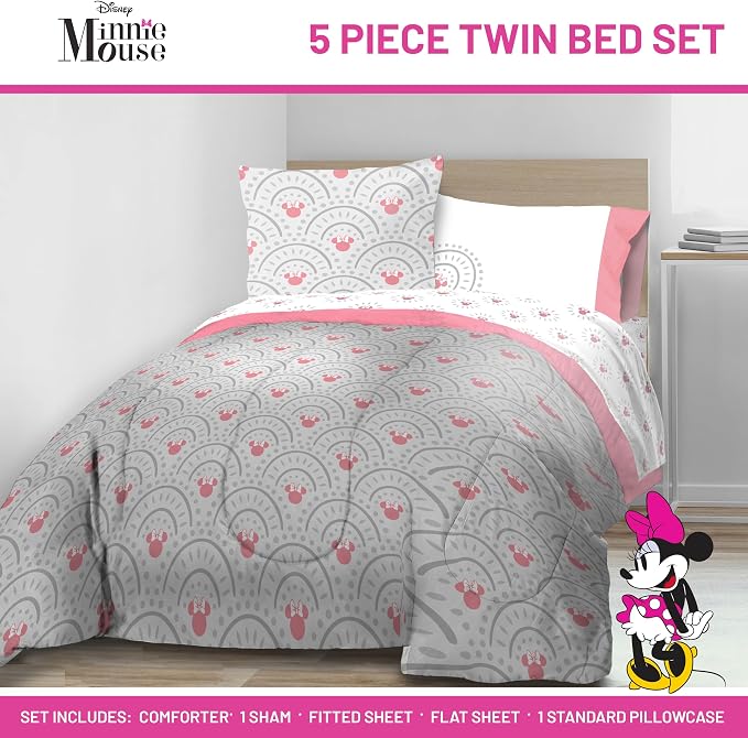 Disney Minnie Mouse Twin Comforter Set 5 Piece Bedding for Girls, Grey | Bed in a Bag, Comforter Sheets Sham Pillowcase, Official Product, Soft Microfiber, Machine Washable, Easy Care, Girls Gift