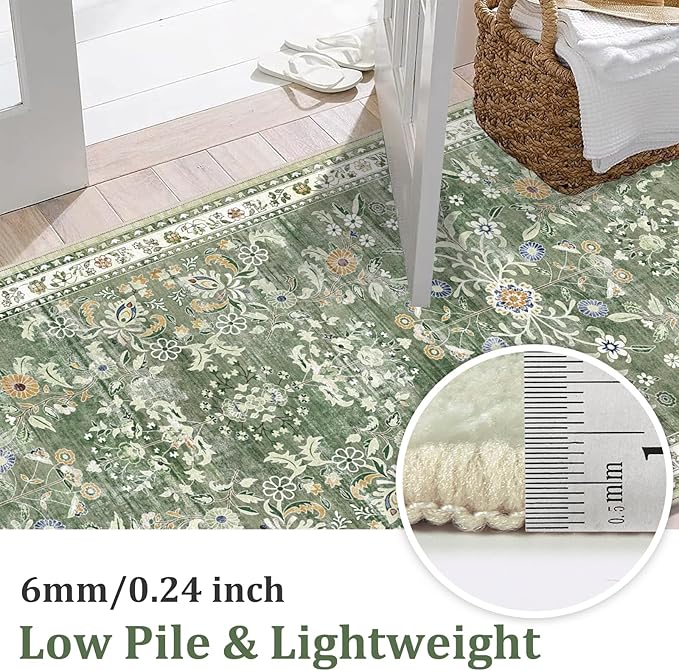 Yamaziot Washable Runner Rug 2x3 – Floral Non Slip Small Entryway Rug with Rubber Backing, Low Pile Faux Wool Distressed Carpet for Indoor Door Mat, Kitchen, Laundry Entrance, Green