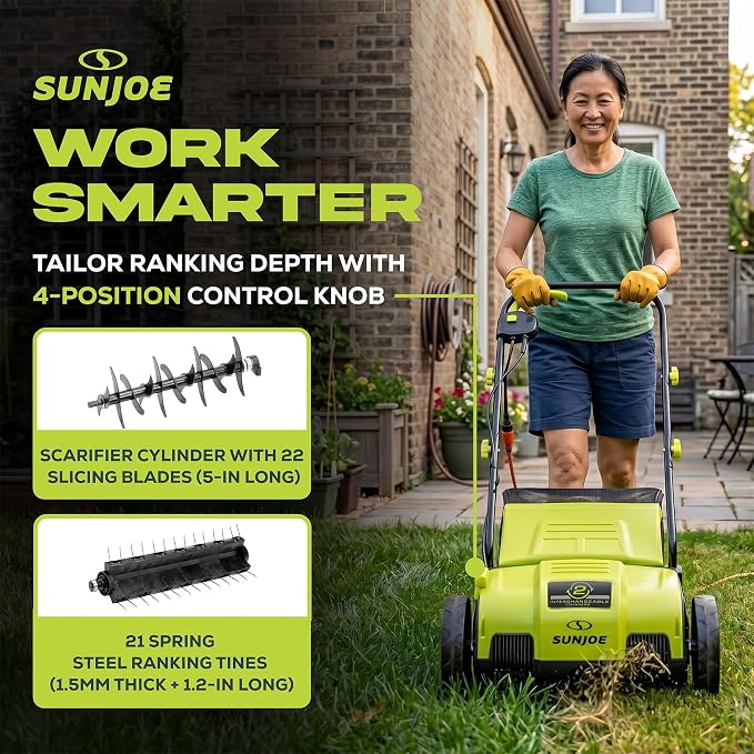 Sun Joe Corded Electric Lawn Dethatcher and Scarifier, 12-Amp, 12.6-Inch Cutting Width - Heavy-Duty Yard Trimmer and Mower Machine for Gardening Care and Maintenance, AJ798E