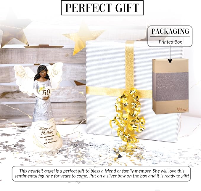 Pavilion Gift Company - Happy 50th Birthday - 6" Ebony African American Angel Figurine Religious Best Friend Bestie BFF God Jesus Lover Christian Christ Gift Present