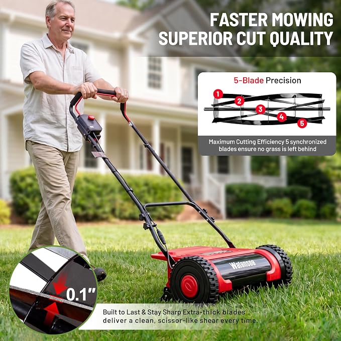 Walensee 16" Cordless Electric Reel Lawn Mower - Battery Powered Push Mower | Dual 36Wh Batteries, 380W Motor, Precision 5-Blade Cut, Quiet Operation， for Small to Medium Yards