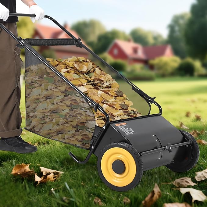 Heavy-Duty 26-Inch Hand-Push Lawn Sweeper with 7 Cu.ft. Collection Bag & Adjustable Brush Reel - Ideal for Picking Up Grass, Leaves, and Yard Debris on Any Terrain