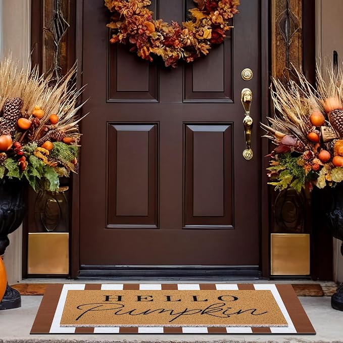 Tinideya 2 Pcs Fall Layered Doormats, Hello Pumpkin Welcome Mats | Front Porch Entryway Decor, Layering Doormats Seasonal, Non Slip