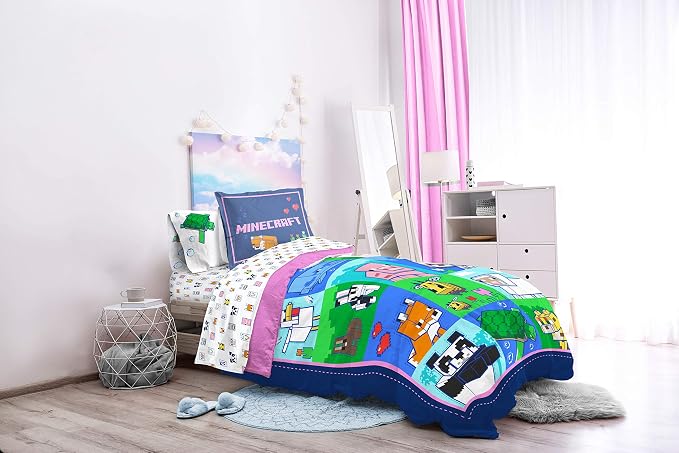 Minecraft Twin Comforter Set 5 Piece Soft Kids Bedding for Girls, Multi | Bed in a Bag, Comforter Sheets Sham Pillowcase, Official Brand, Soft Microfiber, Machine Washable, Easy Care, Girls Gift