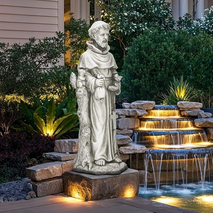 St. Francis Outdoor Garden Statue, Magnesium Oxide, Grey, 31 in | Catholic Outdoor Sculpture for Prayer & Meditation, Weatherproof, for Patio, Garden, and Yard Decor
