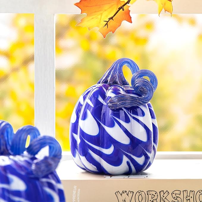 Glitzhome Hand Blown Glass Pumpkin 3pcs Fall Glass Gourd, Blue/White