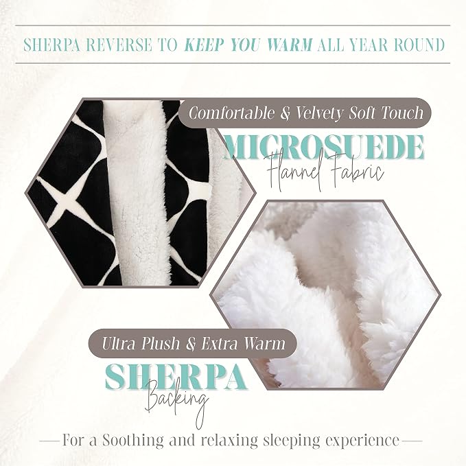 Elegant Comfort Throw Blanket, Reversible Sherpa Flannel, Ultra-Soft, Fuzzy, Cozy and Plush- All Season Lightweight Decorative Throw, 50 x 60 inches, Ogee Pattern Sherpa Throw, Black