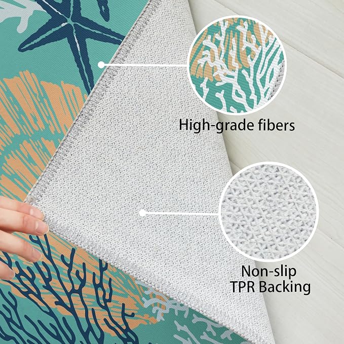 Tritard Coastal Runner Rug Nautical Hallway Rugs Beach Themed Non-Slip Machine Washable Rugs Modern Floor Carpet for Living Room Bedroom, 2x6, Teal and Turquoise