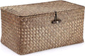 Hipiwe Wicker Shelf Baskets Storage Bin with Lid Handwoven Seagrass Basket | Rectangular Household Basket Boxes for Shelf Wardrobe Home Organizer, Coffee Medium