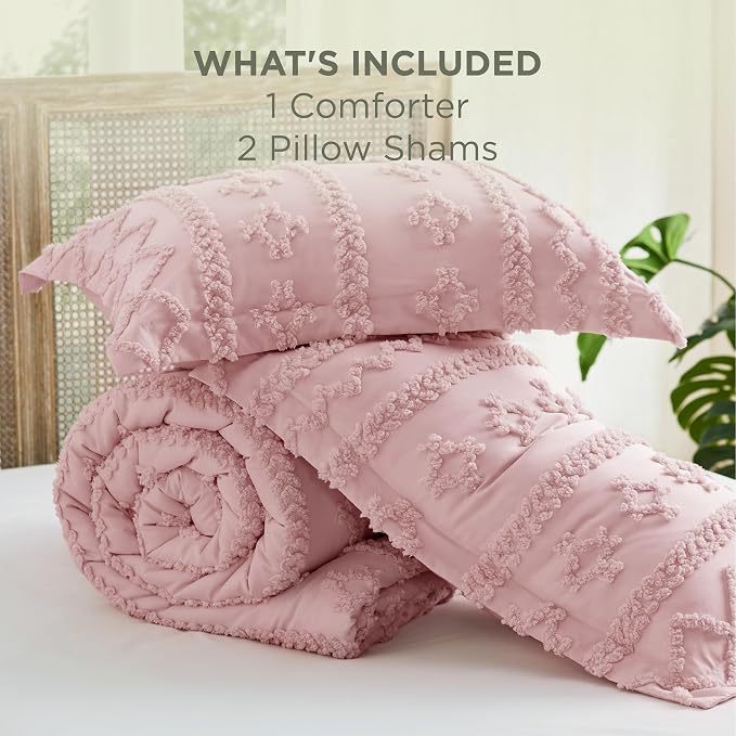 Bedsure Tufted Boho Comforter Set King Size - Pink Boho Bed Set, GentleSoft™ 3 Pieces Farmhouse-Style Embroidery Bedding, Gifts for Woman, Soft Jacquard Kids' King Comforter for All Seasons