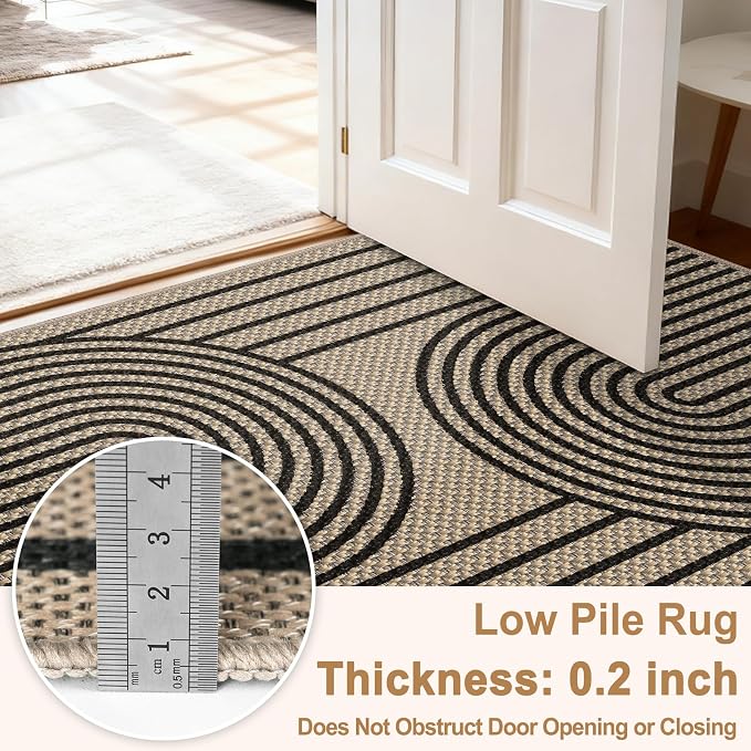 Faux Jute Hallway Runner Rug, 2' x 8' Kitchen Runner, Black Farmhouse Ultra-Thin Washable Non-Slip Carpet Runner for Laundry, Bedroom, Backyard, Outdoor, Home Decor