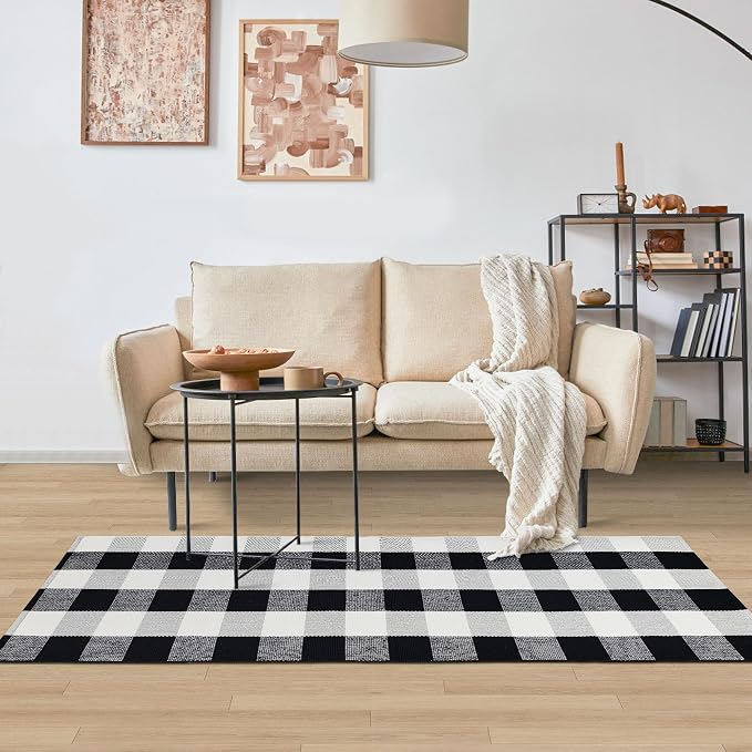 Buffalo Plaid Runner Rug 2x6 Feet Black and White Checkered Runner Rug Cotton Woven Farmhouse Floor Mat Washable Rugs for Hallway Kitchen Laundry Bedroom Living Room