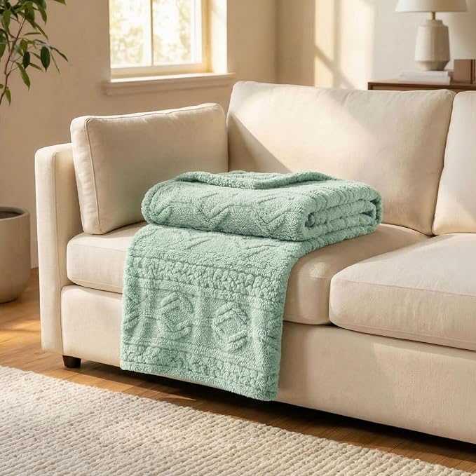 SUPERIOR Fleece Boho Jacquard Blanket, Decorative Blankets for Bedroom, Sofa, Fuzzy, Plush, Fluffy, Soft, Cute Room Decor, Beautiful Cover, Comfort Essentials, Arctic Collection, Throw, Sea Foam