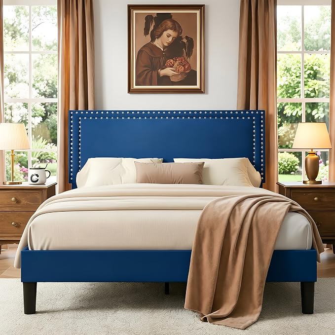 VECELO Queen Size Platform Bed Frame with Height Adjustable Upholstered Headboard, Modern Mattress Foundation,Strong Wood Slat Support, No Box Spring Needed, Easy Assembly,Dark Blue