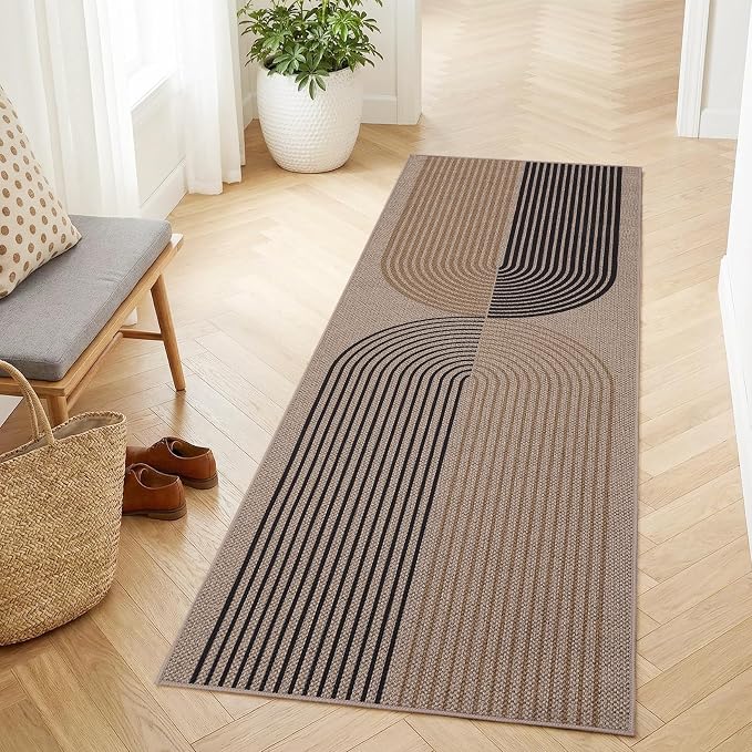 COZYLOOM 2x6 Striped Kitchen Rugs Non Slip Washable, Easy Jute Runner Rug for Hallway, Non Shedding Stain Resistant Foldable Geometric Farmhouse Mats for Entryway, Bedroom, Patio, Nature/Tan