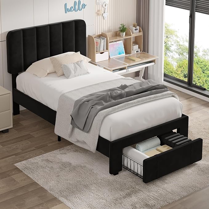VECELO Twin Size Upholstered Bed Frame with Drawer and Headboard, Velvet Platform Storage Bedframe, Wooden Slats Support, No Box Spring Needed,Black