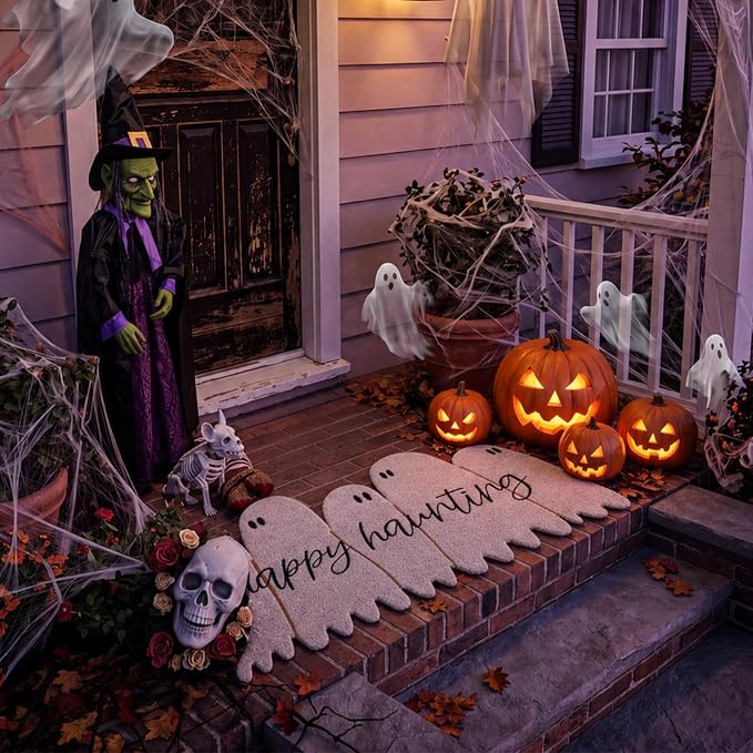 Ceenna Halloween Doormat Coir Happy Haunting Ghost Doormat Funny Ghost Door Mat Non Slip Floor Mat for Halloween Haunted House Indoor Front Door Entrance Decor, 16 x 28 Inch