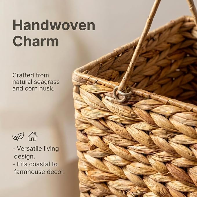 Household Essentials Wicker Stair Basket with Handles, Handwoven Water Hyacinth, Sits on Two Stairs, Lightweight, Natural