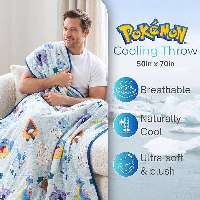 Pokemon Anime Gaming Cooling Throw Blanket for Hot Sleepers, 50 x 70 Inch Lightweight All-Season Throw, Soft Breathable Cooling Fabric for Couch, Bed, (Officially Licensed Product) by Franco Calm