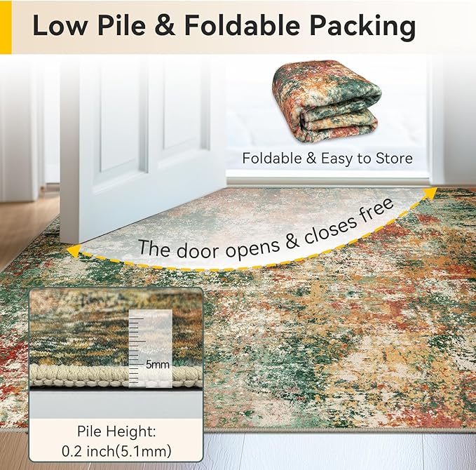 Washable Area Rugs 5'x8' Non-Slip Modern Abstract Soft for Living Room Entryway Bedroom Nursery, Print Pattern, Green Orange Rust Red Cream Colorful