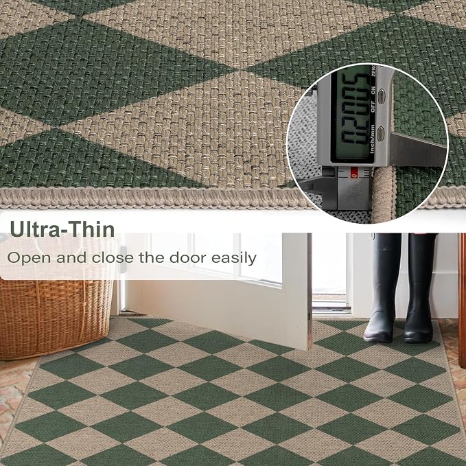 Rugalia Easy Jute Checkered Entryway Rug, 2x3 Green Modern Indoor Outdoor Doormat, Washable Non-Slip Neutral Small Kitchen Rug Farmhouse Diamond Throw Rugs for Entrance Bedroom Bathroom