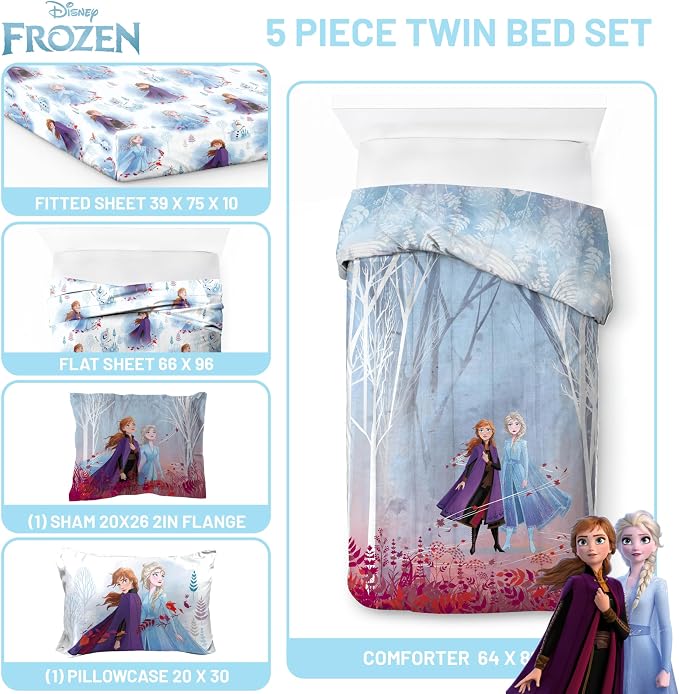 Disney Frozen 2 Forest Spirit 5 Piece Twin Bed Set - Includes Reversible Comforter & Sheet Set - Bedding Features Elsa & Anna - Super Soft Fade Resistant Microfiber - (Official Disney Product) | Bed in a Bag, Comforter Sheets Sham Pillowcase, Official ...