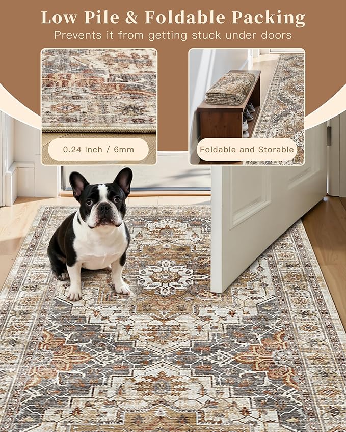 Madane Runner Rug 2x8, Washable Hallway Runner Rugs, Non-Slip Low-Pile Soft Kitchen Rug Runner Laundry Room Rug, Vintage Throw Entry Foyer Mat for Entrance Living Room (Turmeric/Grey, 2 x 8)